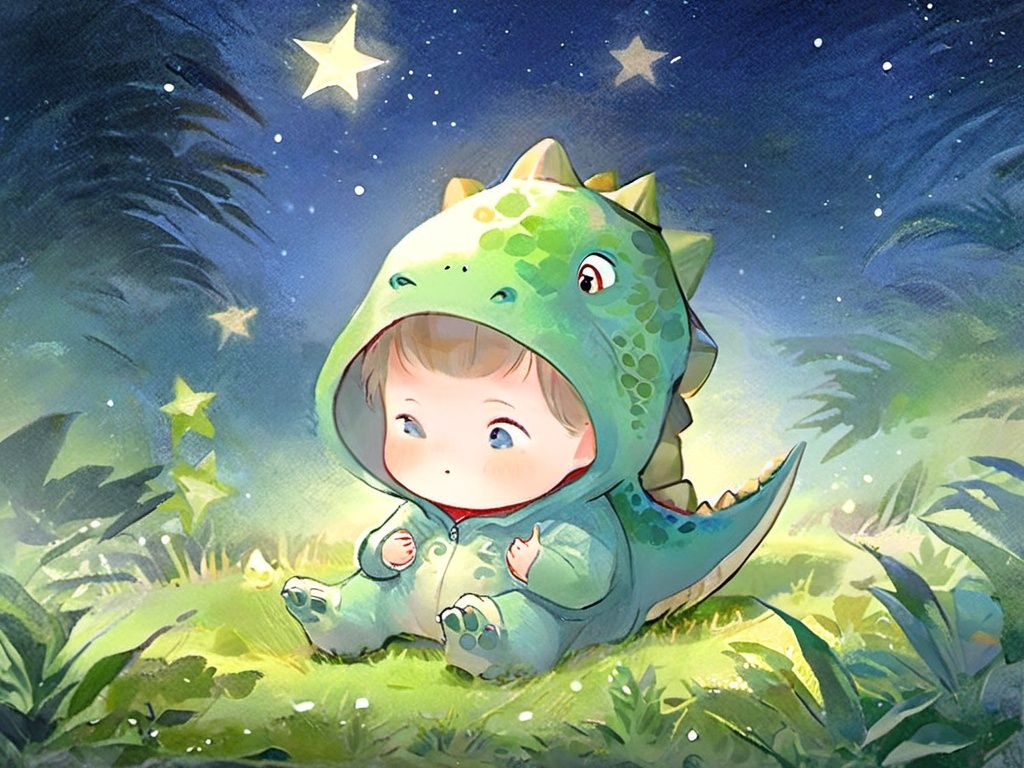dino,konglong,star,starlight,illustration,a boy wearing a dinosaur costume,masterpiece,best quality,highly detailed,full_body,watercolor,cute,sitting_on_grass,a peaceful night,there are many shining pentagram around,<lora:DINO:0.8>,<lora:star>,