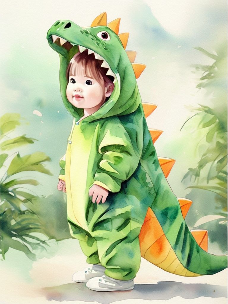 dino,konglong,illustration,a girl wearing a dinosaur costume,masterpiece,best quality,highly detailed,full_body,lovely,watercolor,cartoon,<lora:DINO:0.8>,