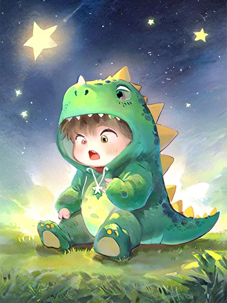 dino,konglong,star,starlight,illustration,20yo,angry,a boy wearing a dinosaur costume,masterpiece,best quality,highly detailed,full_body,watercolor,cute,sitting_on_grass,a peaceful night,there are many shining pentagram around,<lora:DINO:0.8>,<lora:star>,