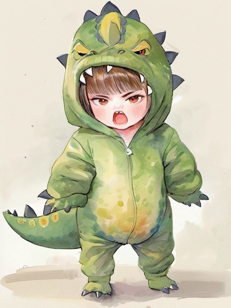 dino,konglong,illustration,20yo,angry,a woman wearing a dinosaur costume,masterpiece,best quality,highly detailed,full_body,watercolor,<lora:DINO:0.8>,cute,