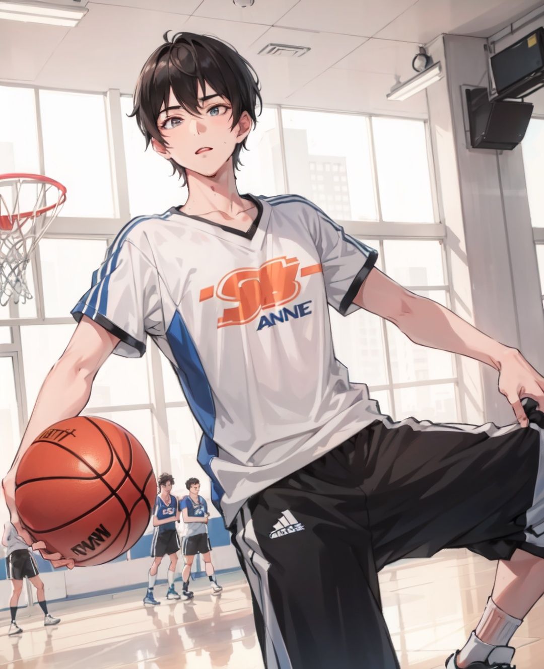 1 boy + handsome + sports clothes + sports pants + sports shoes + firm pupils + dribble + cool + extremely high resolution + basketball court