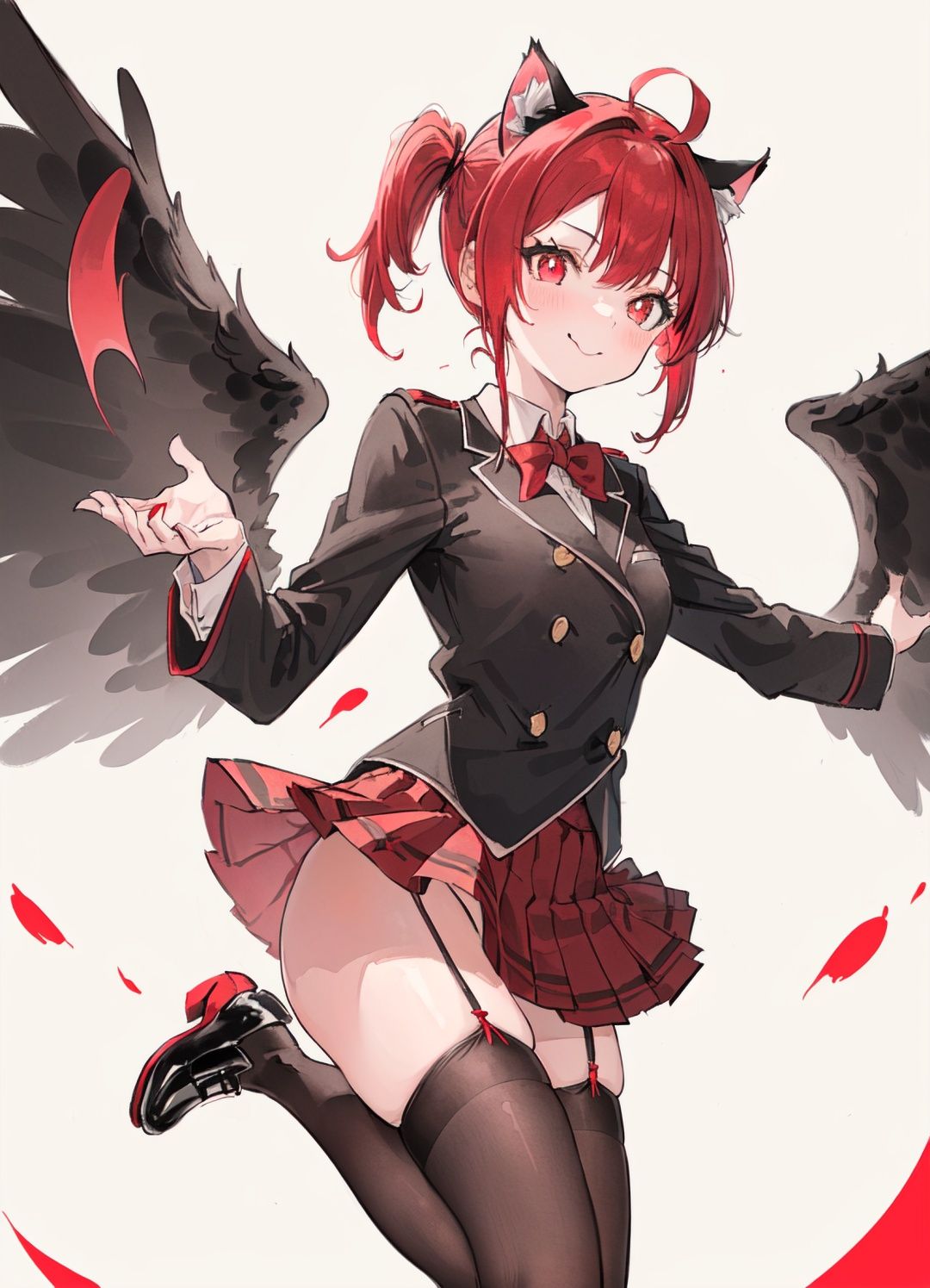 1 girl + red hair + cat ears + silly hair type + red pupil + (delicate features:1.2) +jk uniform + skirt + black stockings + beautiful shoes + a hand covering the mouth + wings + sexy + cute + school + a playful smile