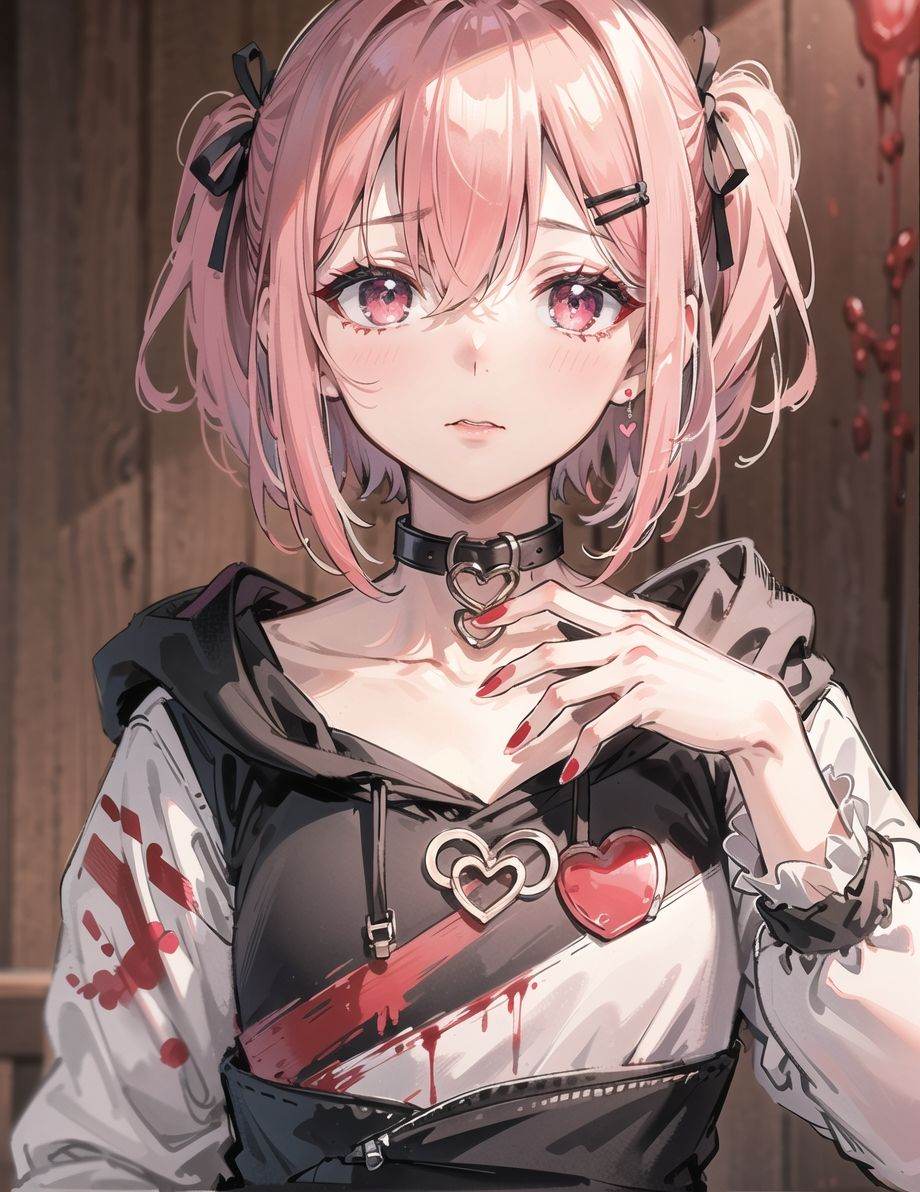 ((cute boy)),1boy,solo,short boy,(solo focus), otoko no ko,pink hair, pink eyes,((very short hair)),((hair over one eyes)),((hair two side up)),hair ribbon,flat chest, black nails, blood, blood from mouth, blood on clothes, blood on face, collar, collarbone, fingerless gloves, hair ornament, hairclip, heart, hood, hoodie, looking at viewer, male focus, nail polish, red nails, masterpiece, best quality