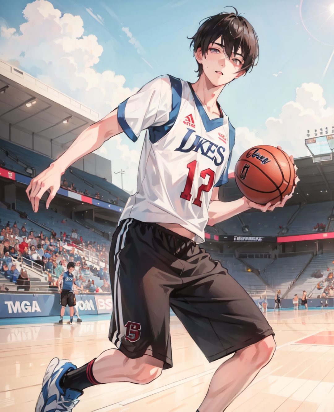 1 boy + handsome + sports clothes + sports pants + sports shoes + firm pupils + dribble + cool + extremely high resolution + basketball court