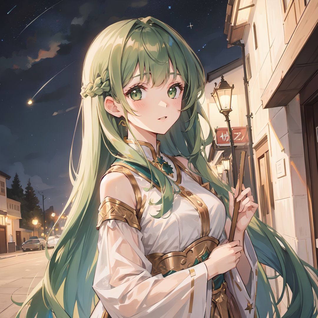Under the stars + a girl with long green hair + appreciation + beautiful clothes + details