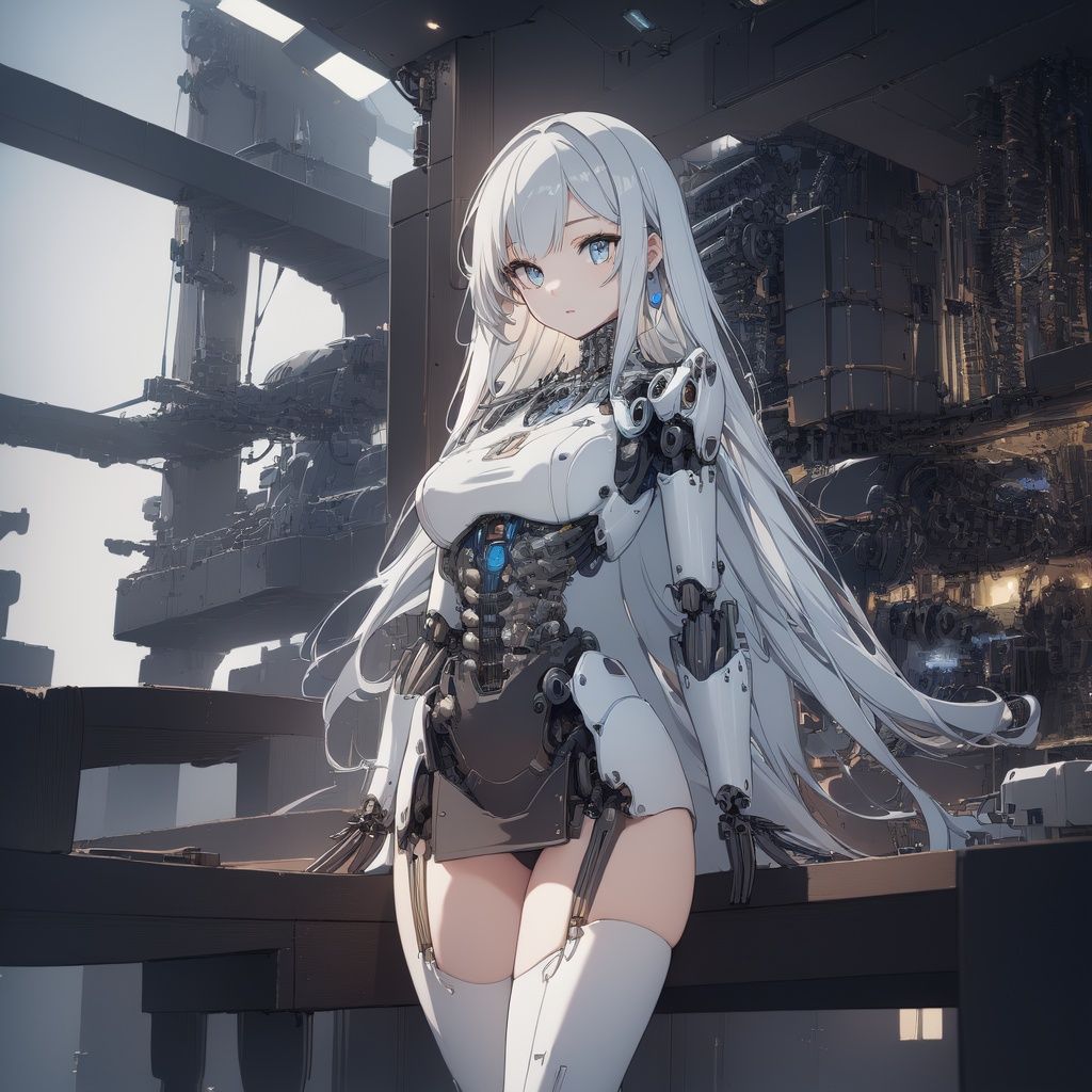 (original) , (very detailed wallpaper) , very detailed illustrations, (1 Girl) , beautiful eyes, (delicate face) , perfect detail,((mechanical parts)), mechanical spine, mechanization, future, wide hips, laboratory, ((mecha)), stylish energy \(module\), repairing,  (best lighting) , (super complex detail) , 4K Unity, (super detailed CG: 1.2) , (8K: 1.2) , lifelike