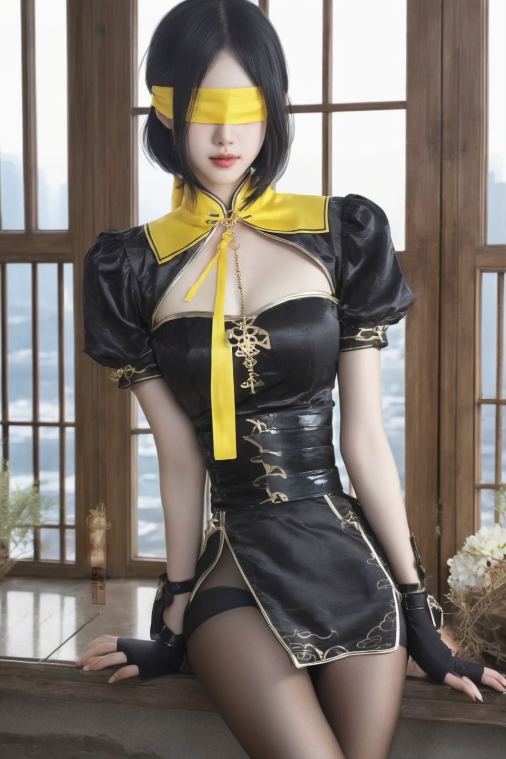 <lora:./N:0.7>,yanshangyue_ninghongye,1girl,solo,yellow blindfold,black pantyhose,long hair,jewelry,black hair,short sleeves,looking at viewer,Best quality,masterpiece,ultra high res,(photorealistic:1.4),yorha no. 2 type b,short hair,yellow blindfold,short sleeves,window,black pantyhose,