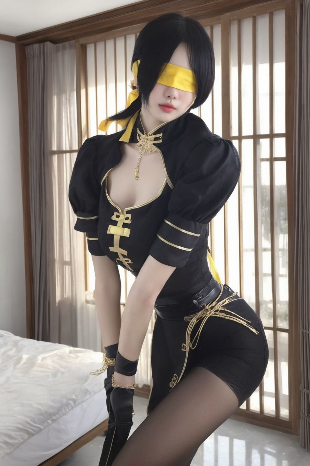 <lora:./N:0.7>,yanshangyue_ninghongye,1girl,solo,yellow blindfold,black pantyhose,long hair,jewelry,black hair,short sleeves,looking at viewer,Best quality,masterpiece,ultra high res,(photorealistic:1.4),yorha no. 2 type b,short hair,yellow blindfold,short sleeves,window,black pantyhose,