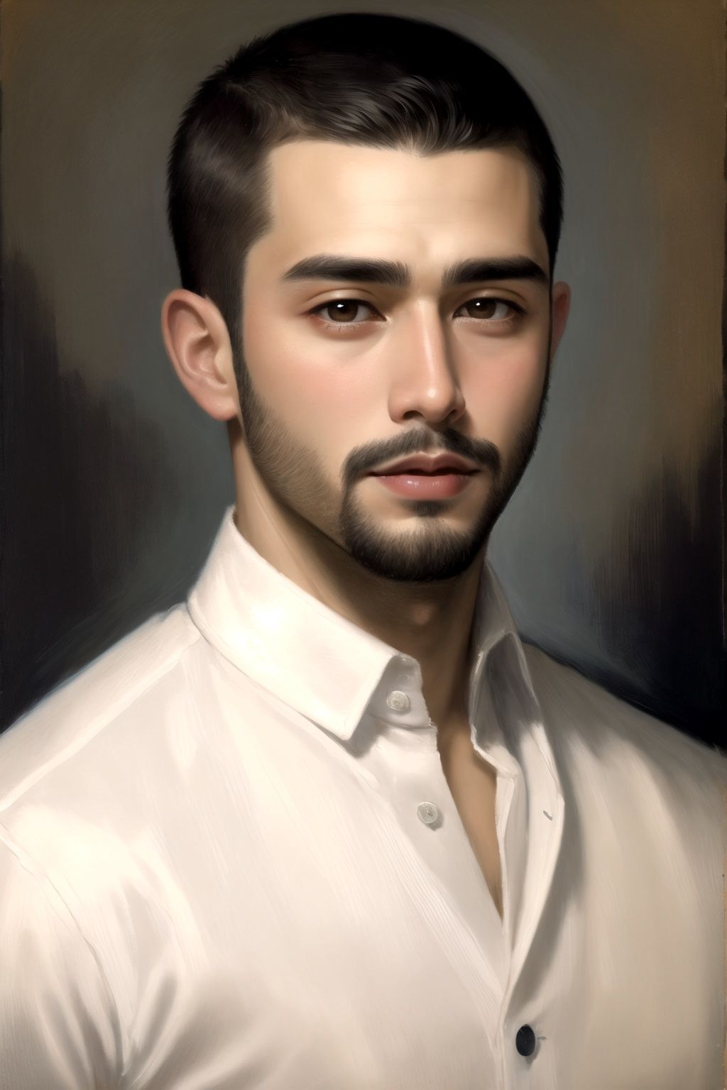big eyes, red lip, masterpiece, buzzcut hairstyle, hispanic man, dark hair color, man, oil painting style