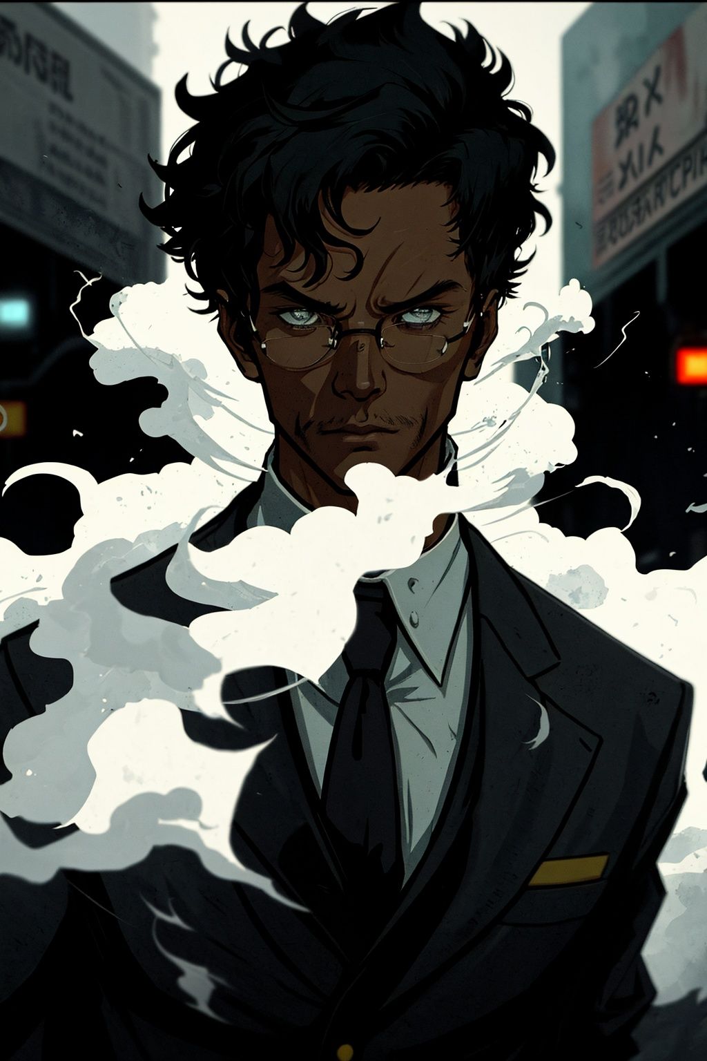 guiltys, a detective man, tuxedo on, thriller theme, upper body, deal with it, serious theme, dramatic mood, (bokeh:1.1), depth of field, style of Casey Baugh, tracers, vfx, splashes, light particles, police departament background, signs, illustration, artstation, smoke, fog, steam,hyperanim