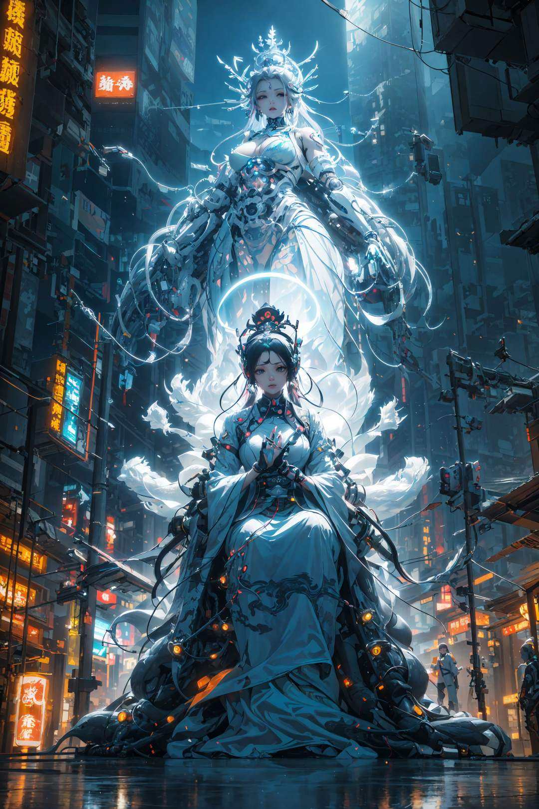 guanyin,(dramatic, gritty, intense:1.4),masterpiece, best quality, 8k, insane details, intricate details, hyperdetailed, hyper quality, high detail, ultra detailed, Masterpiece,Chinese mythology, South Sea Goddess of Mercy Bodhisattva,thousand hands Goddess of Mercy, ( Cyberpunk, Cyberpunk city:1.4),(Cyberpunk lights, light pollution:1.3), glow, white clothes, Chinese gods, Myths and Legends, smoke, tension lens, backlight, luminous clothing,(chinese style architecture),science fiction, workshop,1girl, (Beautiful and detailed facial depiction), Gloom, Sad, ((shiny skin)), {Extremely Delicate Beautiful},(Beautiful and detailed eye description), Delicate Faces, (Winter snow), (Taoist robe), (Upper body), Chinese style clothes,Chinese Han clothing,White and blue Taoist robe, (colored china dress), (hybrid), messy_hair, multicolored hair, (colored tips), shiny hair,((exoskeleton)), (mechanical joints), (mechanical parts), ((internal structure)), (detailed structure), hair rings, mechanical internal structure, delicate internal structure,(cables), (wires), (pistons), electricity, (glowing orbs), (luminous engine), energy cannon, (energy core), (cables connected to body), (wire connected to body), (robotic arms), ((Electronic collar)),Pauldrons, (Scapular cannon), screws, piugs, ventilator fans, 3d, 3d render, beautifully lit, ray tracing,scattered particles, emotionless, Slim waist, outdoors, detailed background, (neon lights), lighting face, full body,Buddha，