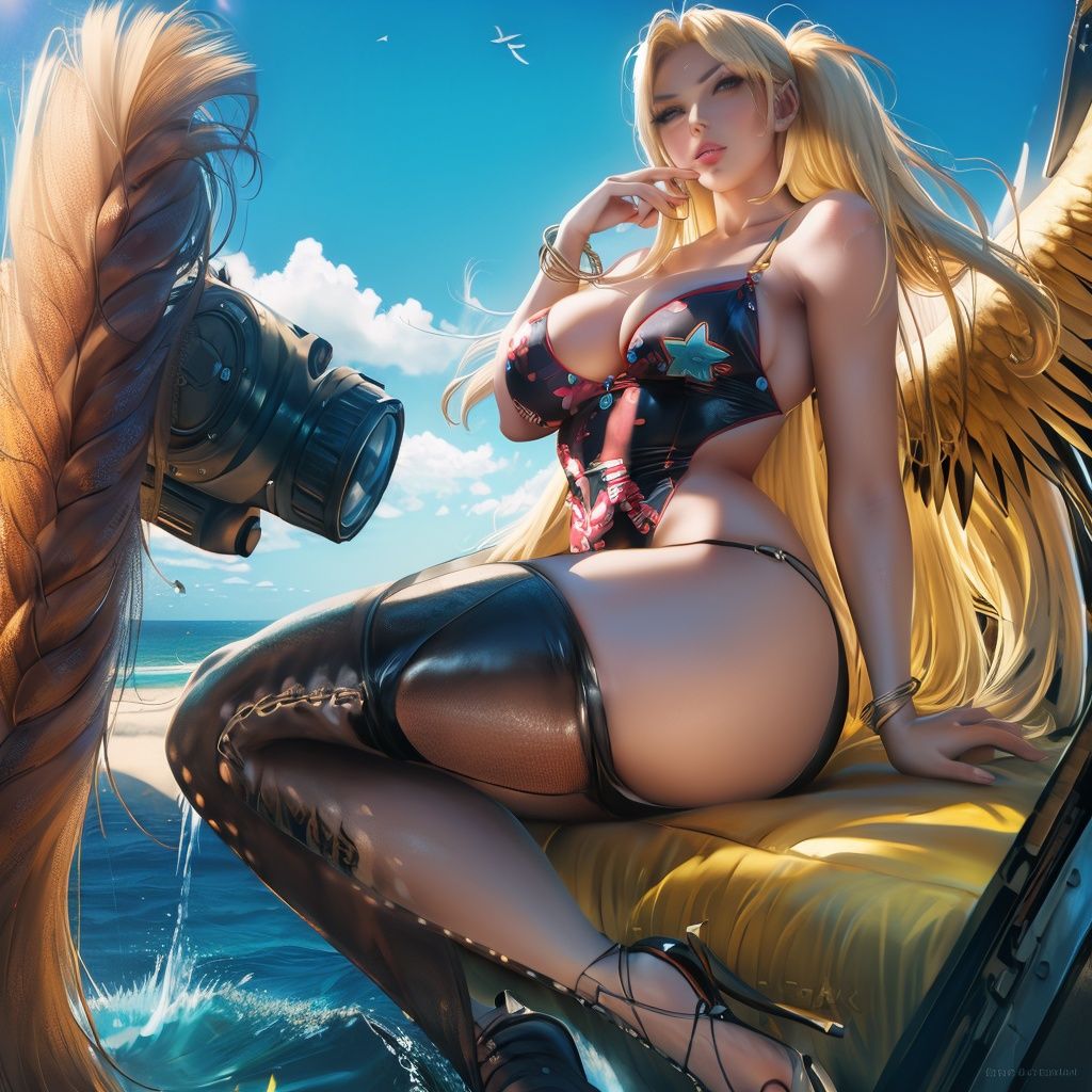masterpiece, best quality, 1girl,long_hair,light smile, blunt bangs,looking at viewer,selfies,cowboy shot,(shot_hair:2),(Boho_printed_dress:1.5),(Straw_wedge_sandals:1.4),(Beaded_bracelets:1.3),.(realistic:1.5), cinemagraph,,sakimichan, 1girl, mercy \(overwatch\), solo, blonde hair, breasts,  alternate hairstyle, mechanical wings,military vehicle, realistic, military, ocean, cloud, water, aircraft,