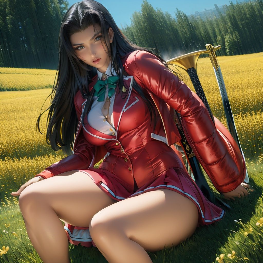 masterpiece, best quality,realistic,(realskin:1.5),1girl,school,longhair,no_bangs, side_view,looking at viewer,school uniform,realskin.softlight , blunt bangs,sakimichan, aerith gainsborough, 1girl, pink dress, solo, dress, breasts, weapon, brown hair, jewelry, flower, green eyes, petals, red jacket, bracelet, sitting, sword, cleavage, parted lips, jacket, long hair, water, cropped jacket, looking at viewer, ribbon, long dress, flower field, knees together feet apart