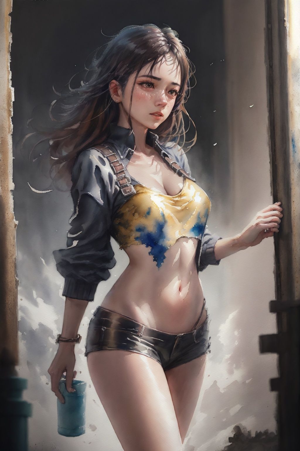 Photorealistic, Hyperrealistic, Hyperdetailed, analog style, ((medium shot)) 1girl, detailed skin, matte skin, soft lighting, subsurface scattering, realistic, heavy shadow, masterpiece, best quality, ultra realistic, 8k, golden ratio, Intricate, High Detail, film photography, soft focus, (Extremely Detailed Oil Painting:1.2), glow effects, godrays, Hand drawn, render, 8k, octane render, cinema 4d, blender, dark, atmospheric 4k ultra detailed, cinematic sensual, Sharp focus, humorous illustration, big depth of field, Masterpiece, colors, 3d octane render, 4k, concept art, trending on artstation, hyperrealistic, Vivid colors, extremely detailed CG unity 8k wallpaper, trending on ArtStation, trending on CGSociety, Intricate, High Detail, dramatic, absurdres, fluid, dynamic, movement,(watercolor:1.3)