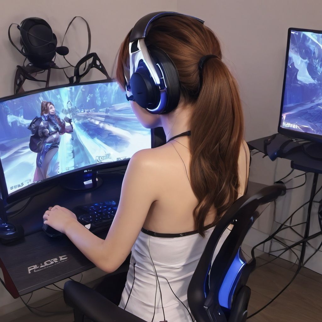 1girl,playgame,from behind, monitor,keyboard,headset,