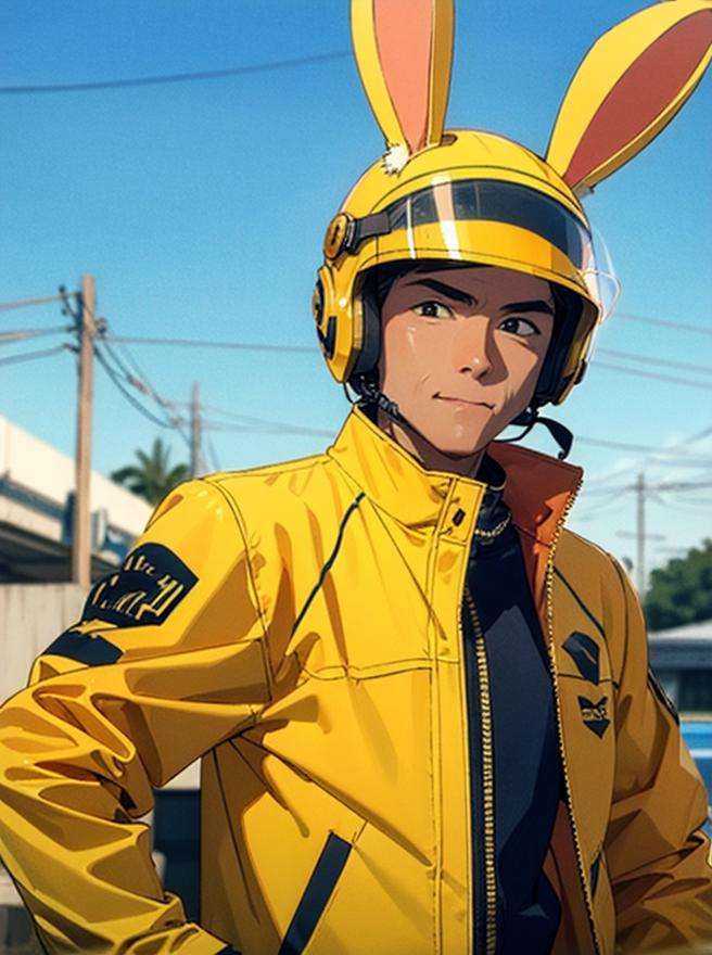 <lora:mt_v10-000007:0.8>,mt,mt_helmet，yellow jacket,looking_at_viewer，mt_jacket,Rabbit ears,1man,muscles, 