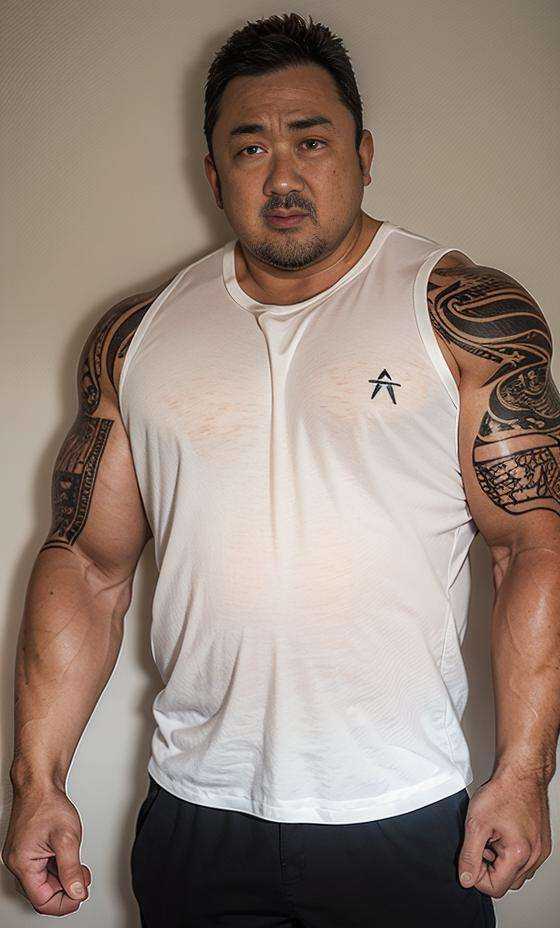 mdx_v10,muscles, arm,tattoos, slanted_eyes,Age of 40,Stains on the bodyrealistic,serious,  <lora:mdx_v10-000006:0.9>