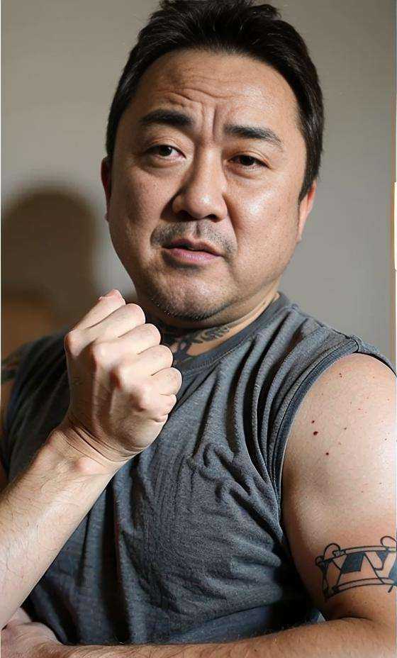 mdx_v10,muscles, arm,tattoos, slanted_eyes,Age of 40,Stains on the bodyrealistic,serious,  <lora:mdx_v10-000006:0.9>