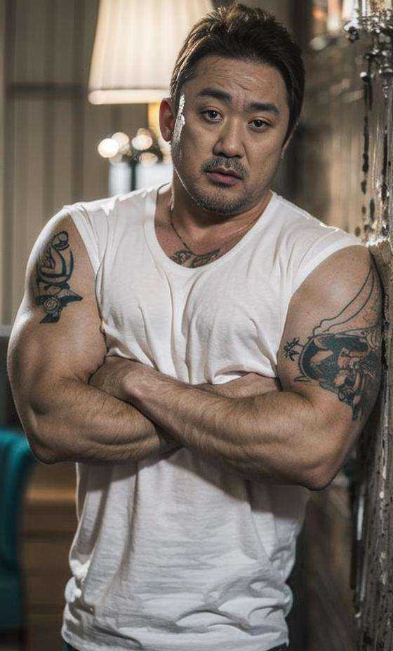 mdx_v10,muscles, arm,tattoos, slanted_eyes,Age of 40,Stains on the bodyrealistic,serious,  <lora:mdx_v10-000006:0.9>
