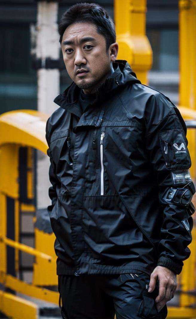 mdx_v10, muscles, strong,arm,tattoos, slanted_eyes,Age of 40,TECHWEAR JACKET realistic,serious,  <lora:mdx_v10-000006:1> <lora:add_detail:0.2>  <lora:bok_20230607234103:0.4> <lora:urbansamuraiv3testing:0.4>