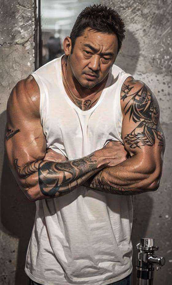 mdx_v10,muscles, arm,tattoos, slanted_eyes,Age of 40,Stains on the bodyrealistic,serious,  <lora:mdx_v10-000006:0.9>