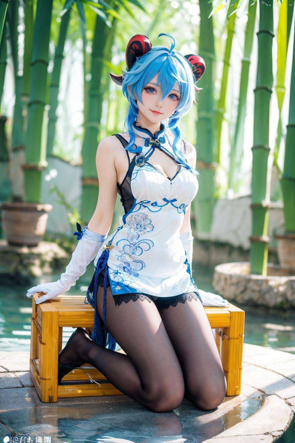 {{masterpiece, best quality, extremely detailed CG, unity 8k wallpaper, cinematic lighting, lens flare}},blue hair,(goat horns:1.2),Blue and white cheongsam,qipaoganyu,hair between eyes,pantyhose,(looking at viewer:1.2),blue eyes,black dress,wide view,full body,sitting,cosplay,ganyu \(genshin impact\),thick body,ganyu,chinese clothes,long hair,green eyes,(bamboo forest:1.3),stone path,onsen,<lora:qipaoganyu_20230728170713:0.8>,