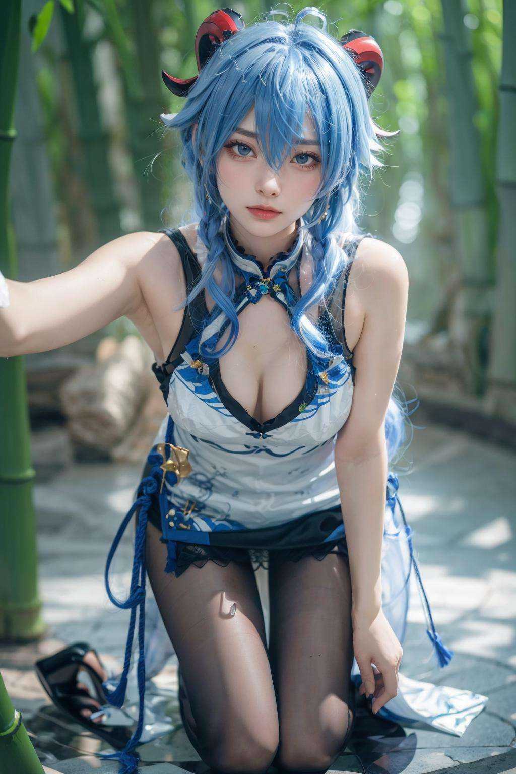 {{masterpiece, best quality, extremely detailed CG, unity 8k wallpaper, cinematic lighting, lens flare}},blue hair,(goat horns:1.2),Blue and white cheongsam,qipaoganyu,hair between eyes,pantyhose,(looking at viewer:1.2),blue eyes,black dress,wide view,full body,sitting,cosplay,ganyu \(genshin impact\),thick body,ganyu,chinese clothes,long hair,green eyes,(bamboo forest:1.3),stone path,onsen,<lora:qipaoganyu_20230728170713:0.8>,