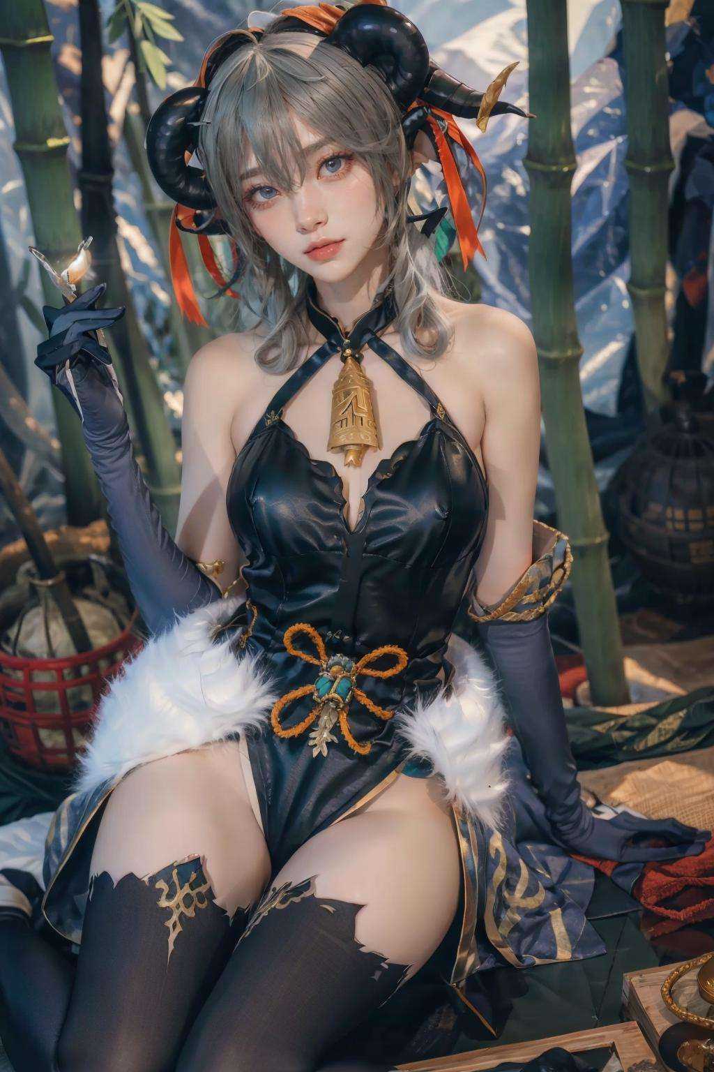 {{masterpiece, best quality, extremely detailed CG, unity 8k wallpaper, cinematic lighting, lens flare}},blue hair,ganyu,(goat horns:1.2),elbow gloves,Blue and white cheongsam,qipaoganyu,hair between eyes,pantyhose,(looking at viewer:1.2),blue eyes,black dress,wide view,full body,sitting,cosplay,ganyu \(genshin impact\),thick body,ganyu,chinese clothes,long hair,green eyes,(bamboo forest:1.3),stone path,onsen,<lora:ganyuheian_20230729001327:0.7>,ganyuheian,