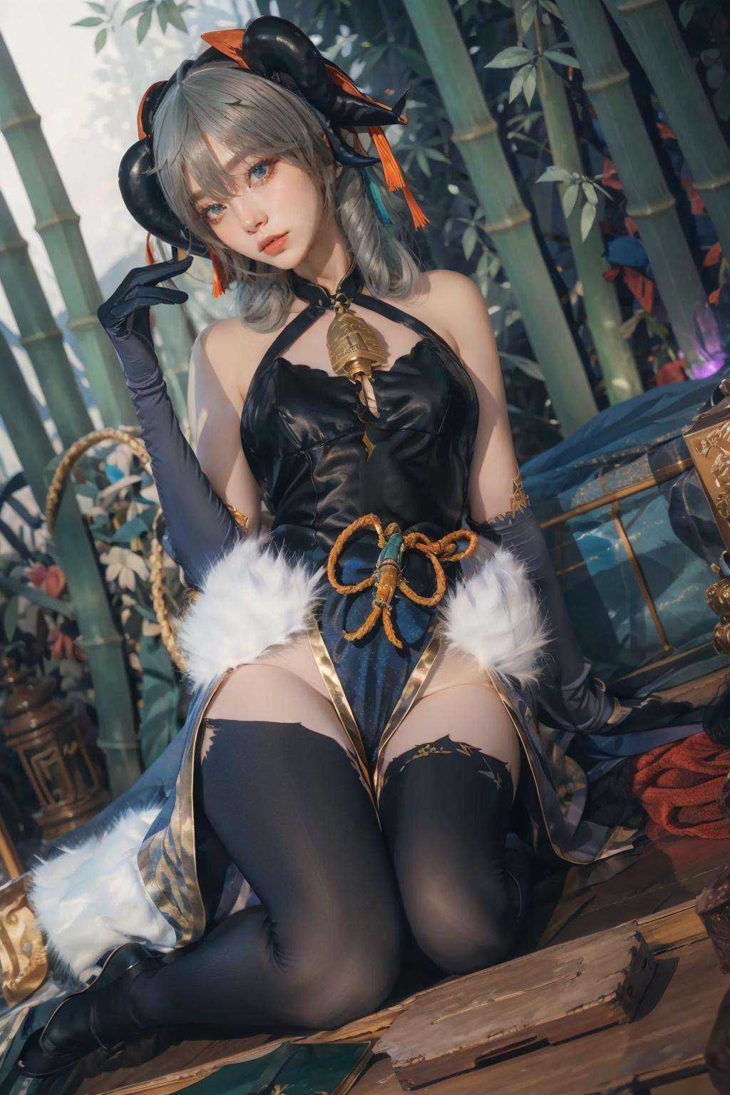 {{masterpiece, best quality, extremely detailed CG, unity 8k wallpaper, cinematic lighting, lens flare}},blue hair,ganyu,(goat horns:1.2),elbow gloves,Blue and white cheongsam,qipaoganyu,hair between eyes,pantyhose,(looking at viewer:1.2),blue eyes,black dress,wide view,full body,sitting,cosplay,ganyu \(genshin impact\),thick body,ganyu,chinese clothes,long hair,green eyes,(bamboo forest:1.3),stone path,onsen,<lora:ganyuheian_20230729001327:0.7>,ganyuheian,