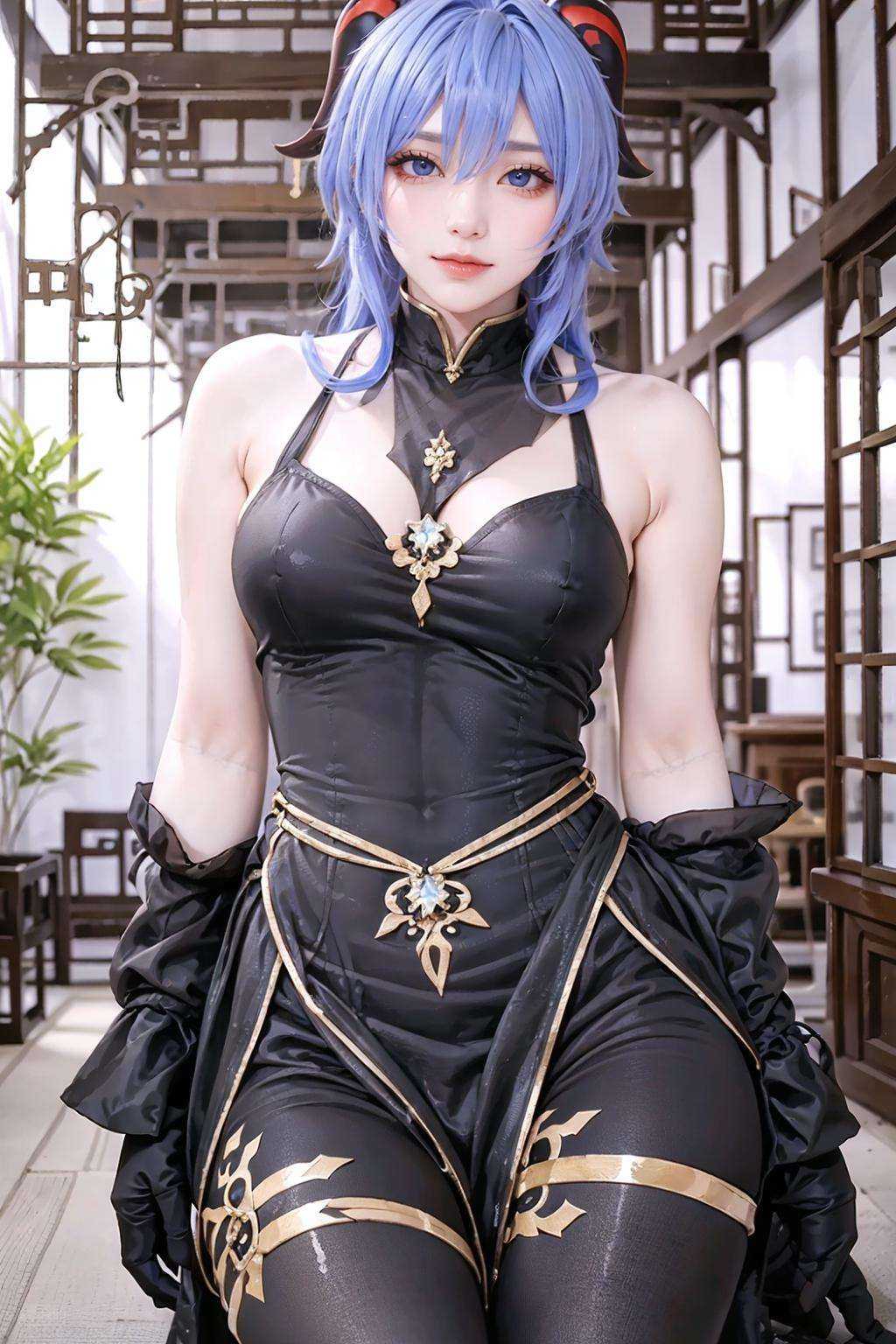 {{masterpiece, best quality, extremely detailed CG, unity 8k wallpaper, cinematic lighting, lens flare}},blue hair,(goat horns:1.2),ganyu french maid,qipaoganyu,hair between eyes,(pantyhose:1.2),(looking at viewer:1.2),blue eyes,black dress,wide view,full body,sitting,cosplay,ganyu \(genshin impact\),thick body,ganyu,green eyes,(bamboo forest:1.3),stone path,<lora:qipaoganyu_20230728182043-000009:0.7>,