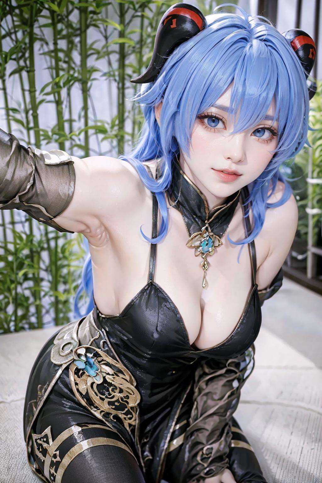 {{masterpiece, best quality, extremely detailed CG, unity 8k wallpaper, cinematic lighting, lens flare}},blue hair,(goat horns:1.2),ganyu french maid,qipaoganyu,hair between eyes,(pantyhose:1.2),(looking at viewer:1.2),blue eyes,black dress,wide view,full body,sitting,cosplay,ganyu \(genshin impact\),thick body,ganyu,green eyes,(bamboo forest:1.3),stone path,<lora:qipaoganyu_20230728182043-000009:0.8>,