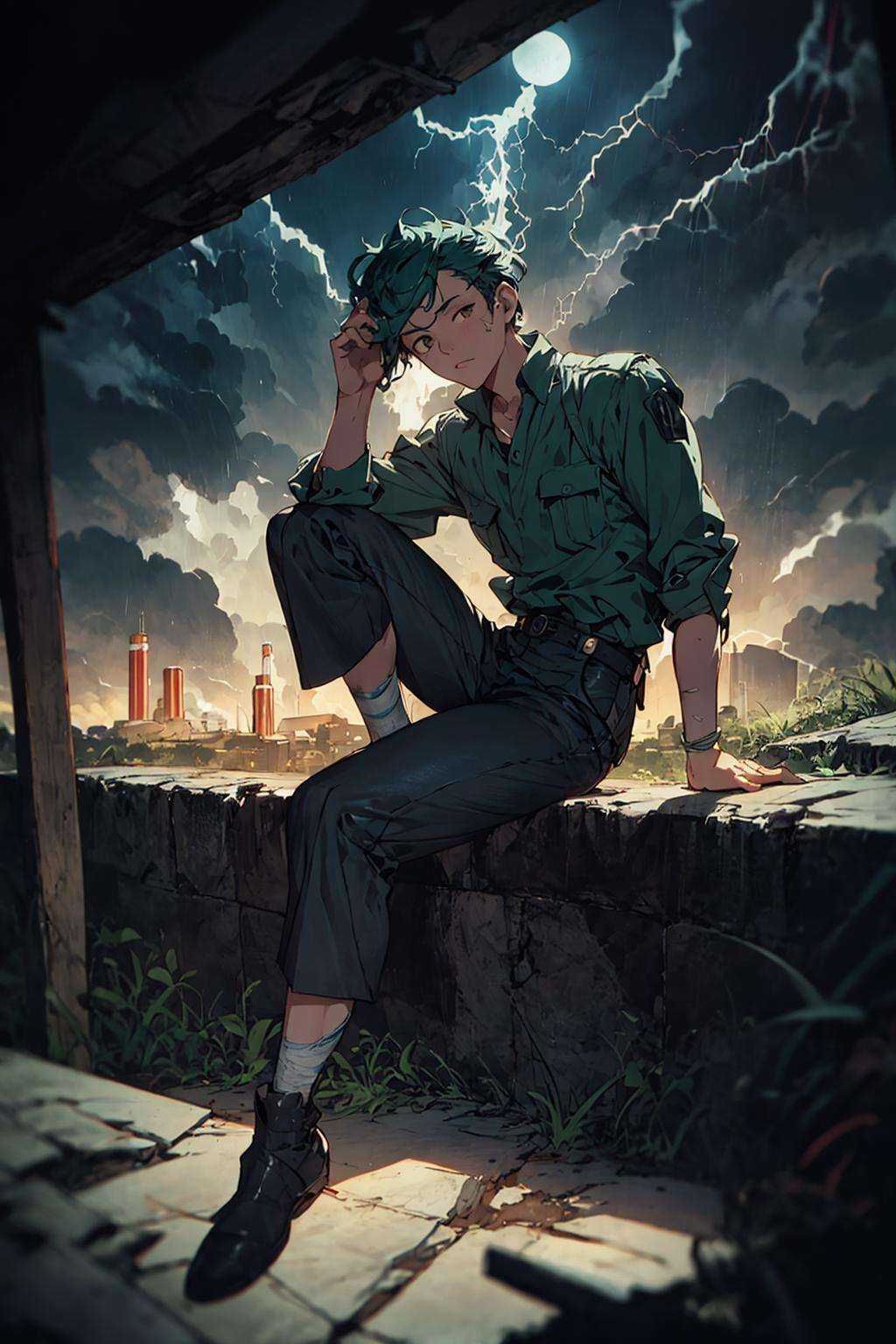 knee level shot of a Sophisticated light-weight Male Geologist,  Injured dark green and Mustard hair,  Thundering backgrou...