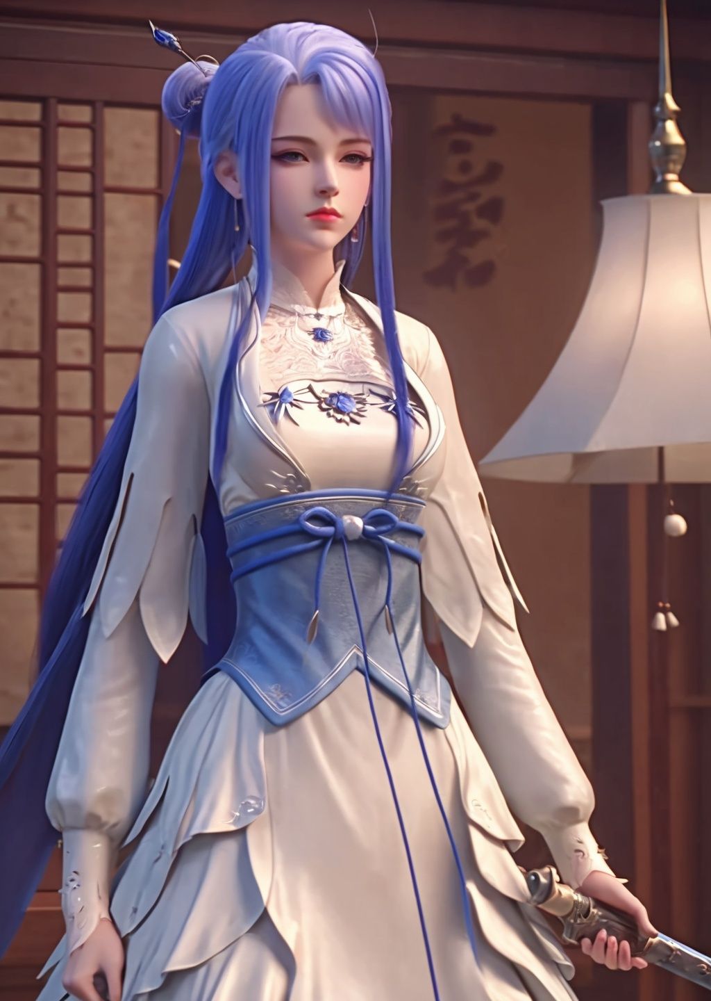 <lora:sdxllora-000008:0.75>,qiuyuehua,chinese clothes, 1girl, dress, bedroom, solo,White dress, long hair, Ball head,bun,weapon, HDR,UHD,8K, best quality, masterpiece, Highly detailed, extreme detail description