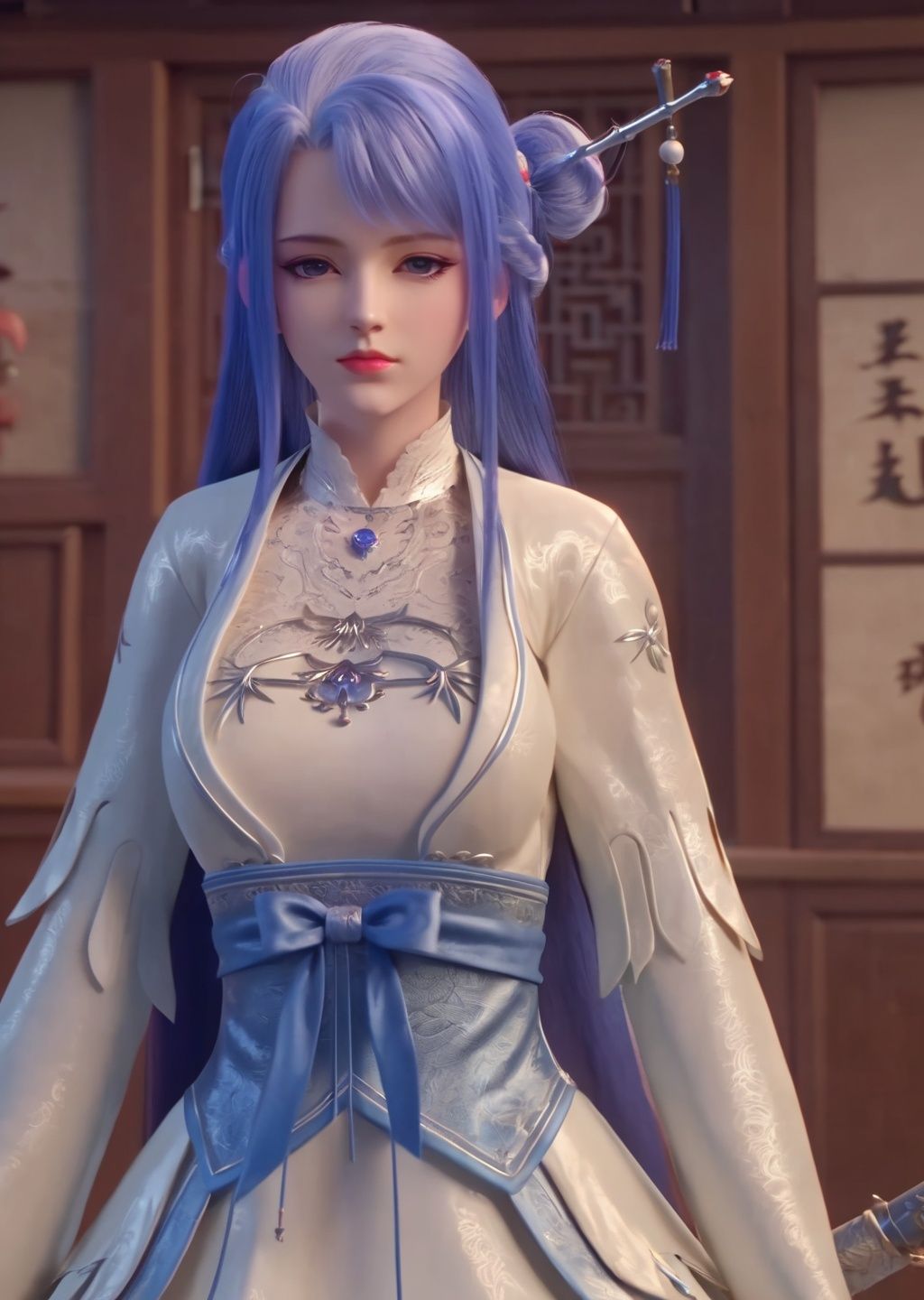 <lora:sdxllora-000008:0.75>,qiuyuehua,chinese clothes, 1girl, dress, bedroom, solo,White dress, long hair, Ball head,bun,weapon, HDR,UHD,8K, best quality, masterpiece, Highly detailed, extreme detail description