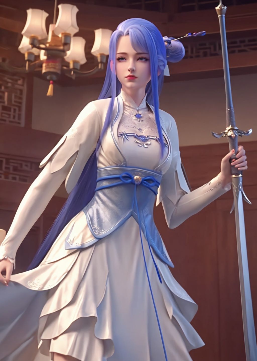 <lora:sdxllora-000008:0.75>,qiuyuehua,chinese clothes, 1girl, dress, bedroom, solo,White dress, long hair, Ball head,bun,weapon, HDR,UHD,8K, best quality, masterpiece, Highly detailed, extreme detail description