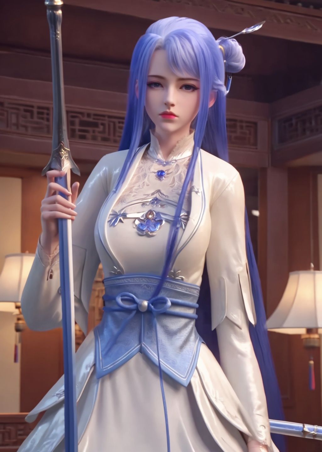 <lora:sdxllora-000008:0.75>,qiuyuehua,chinese clothes, 1girl, dress, bedroom, solo,White dress, long hair, Ball head,bun,weapon, HDR,UHD,8K, best quality, masterpiece, Highly detailed, extreme detail description