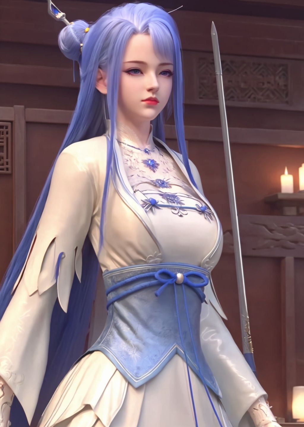 <lora:sdxllora-000008:0.75>,qiuyuehua,chinese clothes, 1girl, dress, bedroom, solo,White dress, long hair, Ball head,bun,weapon, HDR,UHD,8K, best quality, masterpiece, Highly detailed, extreme detail description