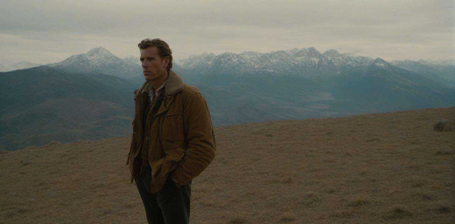 portrait of a man looking fiercely into the distant mountains,  full body visible,  shot on cinestill 800t 35mm film on Te...