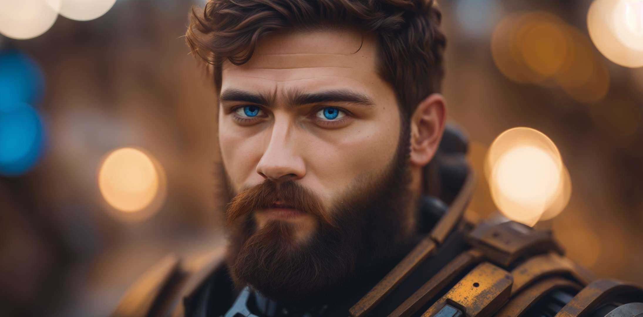 Portrait photo of muscular bearded guy in a worn mech suit,  ((light bokeh)),  intricate on Tensor.Art