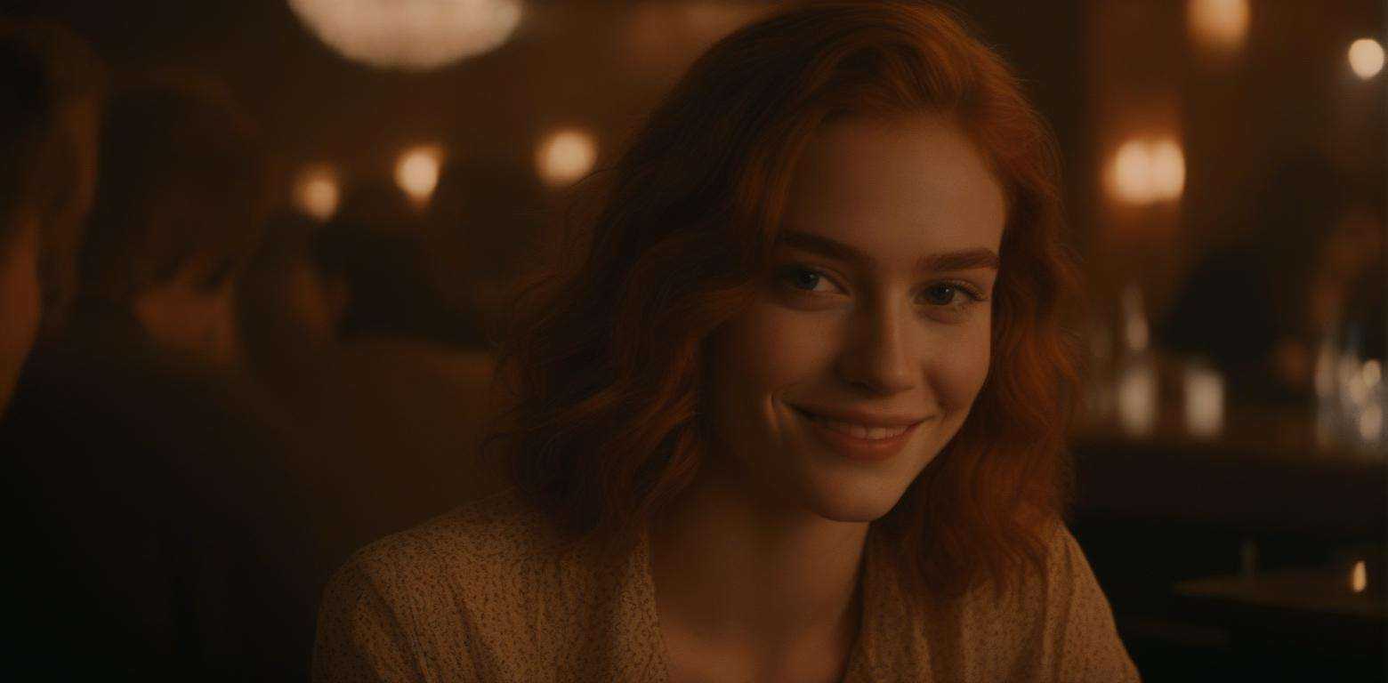 a close up photo of a 20 year old french woman in a blouse at a bar,  seductive smile,  ginger hair on Tensor.Art