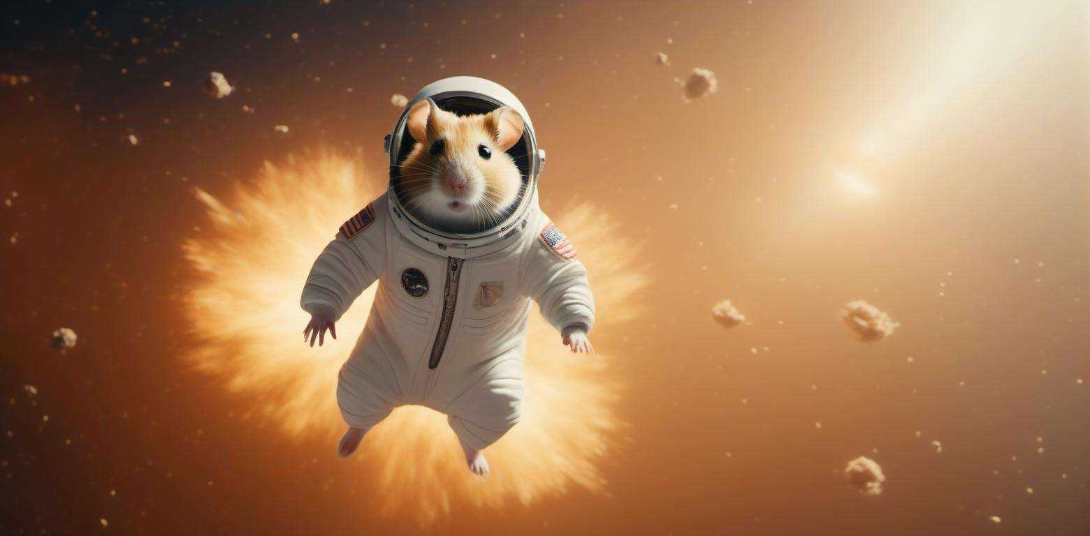 a cinematic wide shot of a hamster in a space suit floating away,  space explosion,  action on Tensor.Art