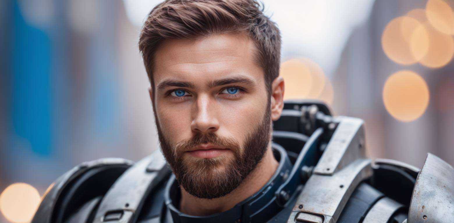 Portrait photo of muscular bearded guy in a worn mech suit,  ((light bokeh)),  intricate on Tensor.Art