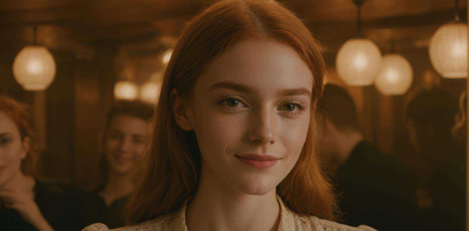 a close up photo of a 20 year old french woman in a blouse at a bar,  seductive smile,  ginger hair on Tensor.Art