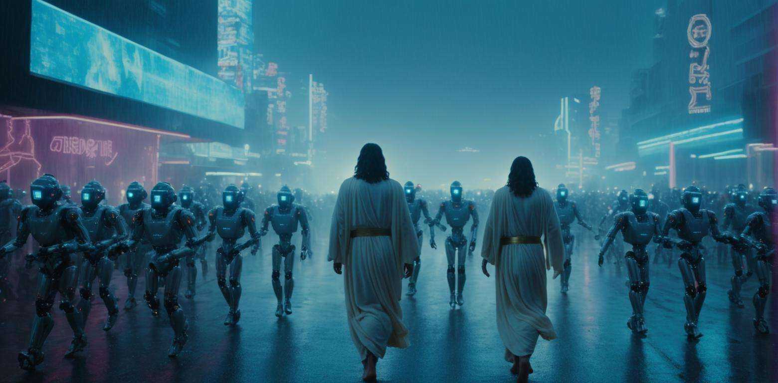 a cinematic photograph of jesus walking through a dystopian city street whilst a large group of cyber tech robots follow,...