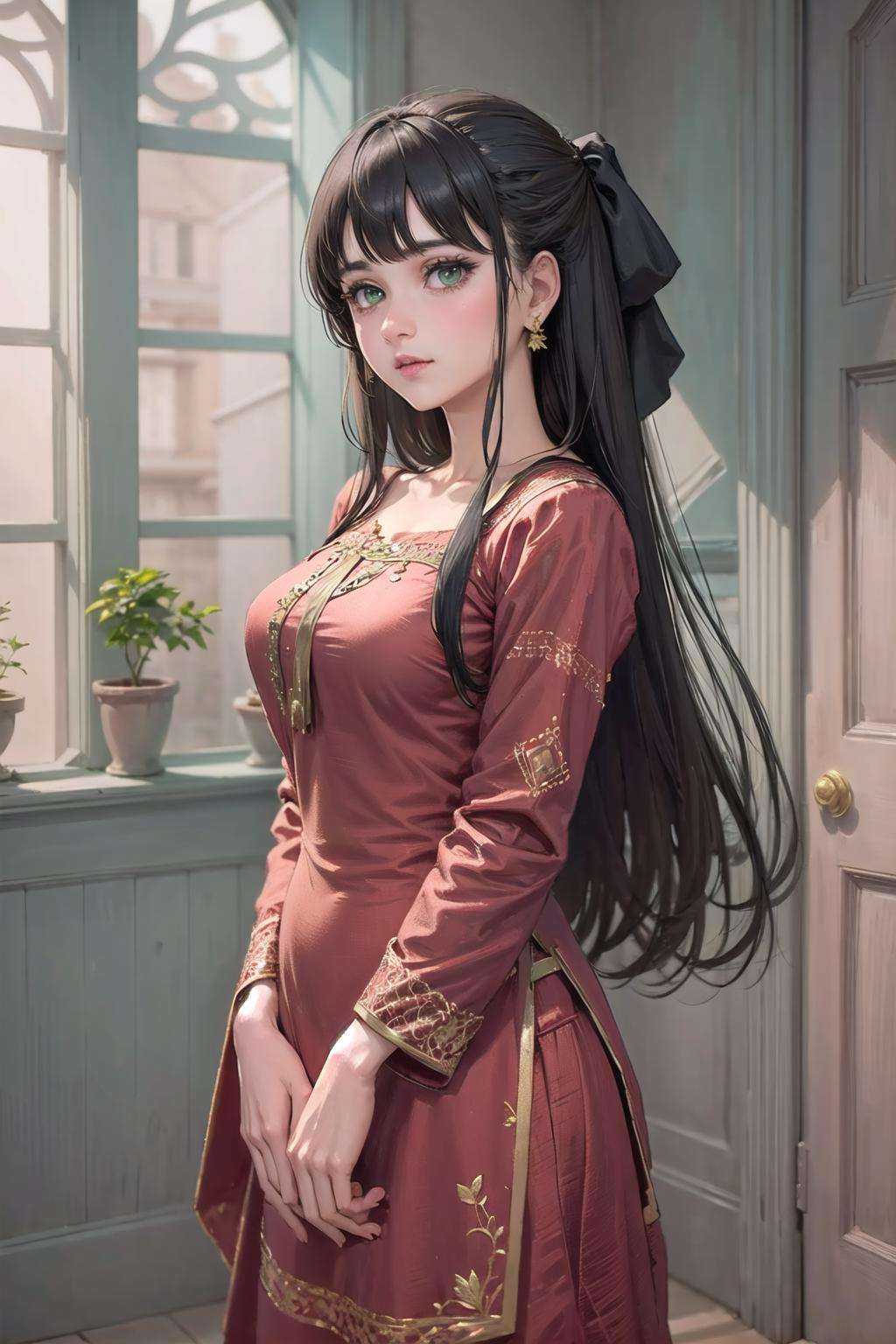 1girl wearing wrenchpjbss,  embroidery,  red dress on Tensor.Art