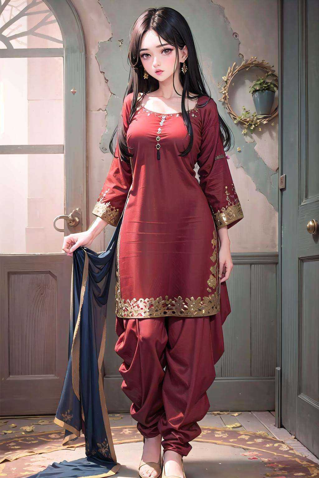 1girl wearing wrenchpjbss,  embroidery,  red dress on Tensor.Art