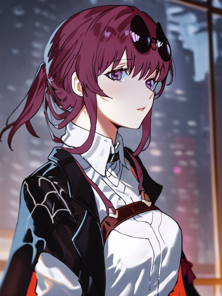 8k, high resolution, hdr, intricate details, realistic, 1girl, an anime screencap of kafka wearing a jacket and a white shirt, eyewear on head