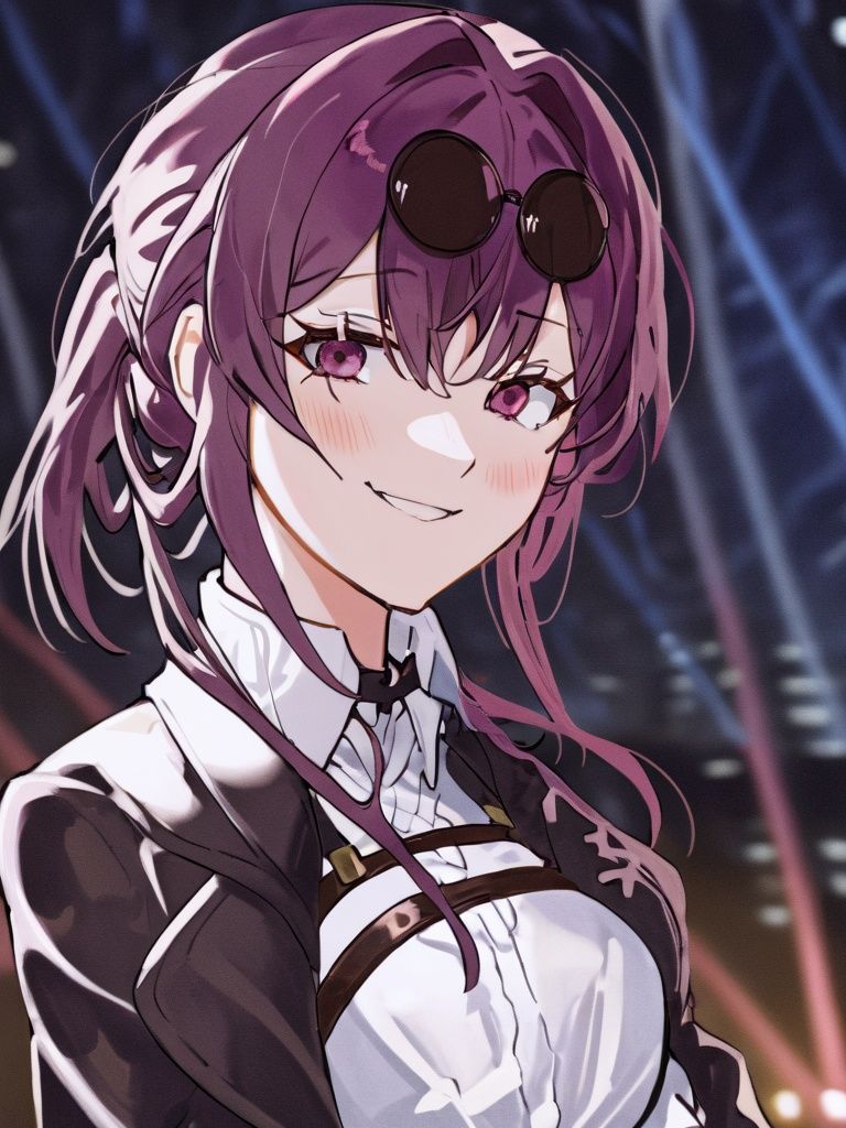 8k, high resolution, hdr, intricate details, realistic, 1girl, an anime screencap of kafka wearing a jacket and a white shirt, smiling, eyewear on head