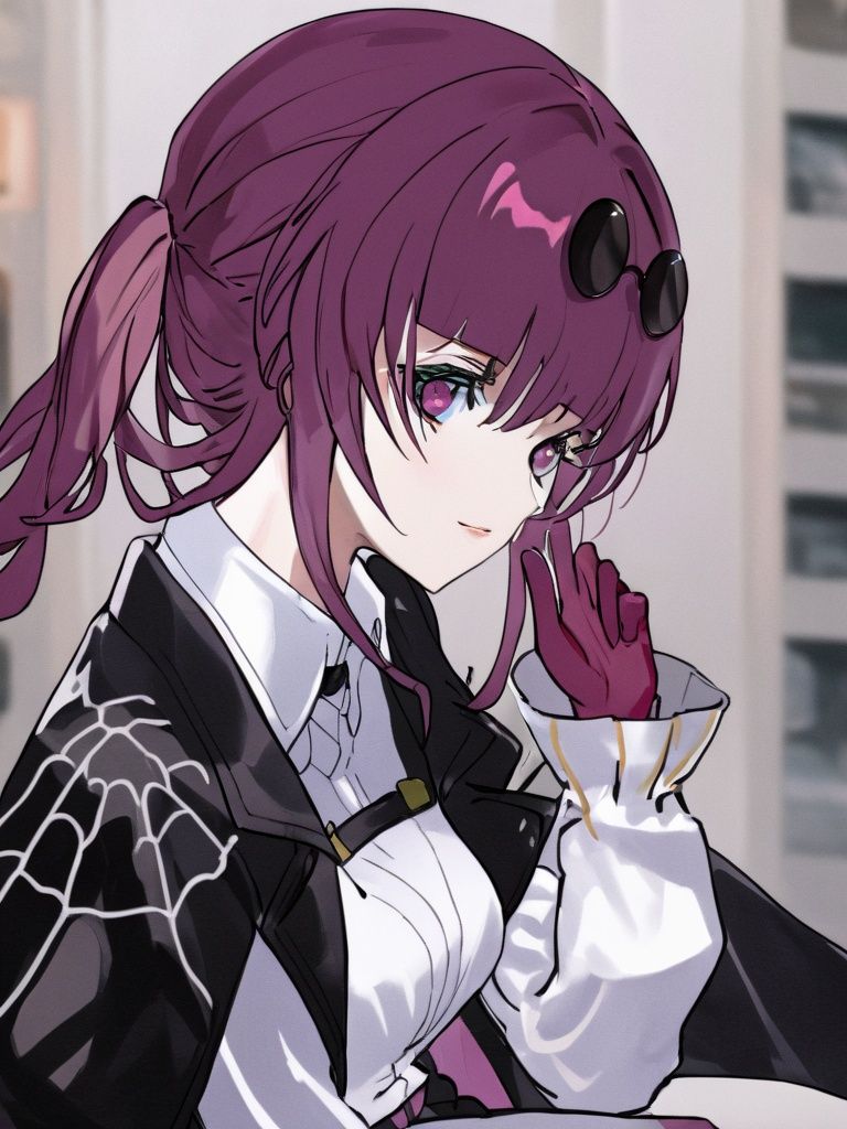 8k, high resolution, hdr, intricate details, realistic, 1girl, an anime screencap of kafka wearing a jacket and a white shirt, eyewear on head