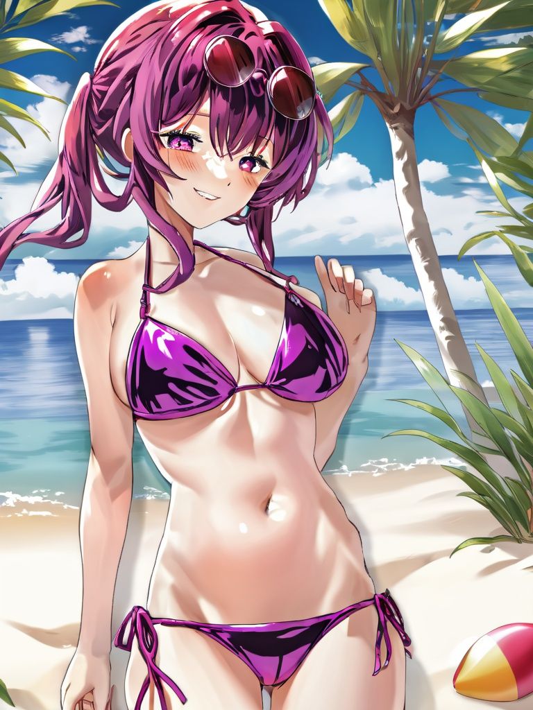 8k, high resolution, hdr, intricate details, realistic, 1girl, an anime screencap of kafka wearing a purple bikini at the beach, smiling, eyewear on head